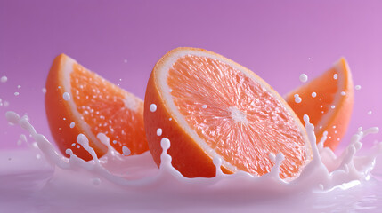Citrus Splash: Three juicy citrus slices are captured mid-air with a dynamic splash, inviting freshness and a vibrant visual delight.