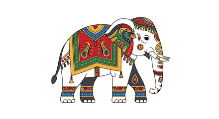 Intricate Elephant Illustration with Festive Adornments, Symbolizing Cultural Celebrations and Spiritual Significance, Perfect for Decorative Arts and Educational Materials.