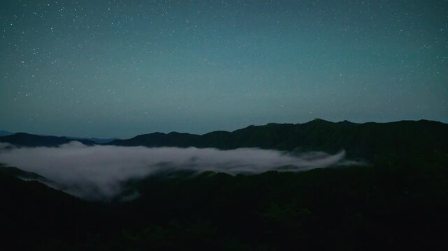 夜明けを迎える流星の星空と雲海のタイムラプス動画