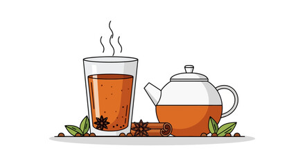 Invigorating spiced tea illustration featuring a steaming glass, teapot, and aromatic spices, perfect for promoting tea brands, recipes, or wellness blogs.