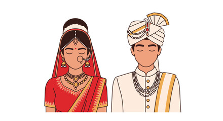 Traditional Indian Wedding Couple Illustration Featuring Bride in Red Sari and Groom in Sherwani for Cultural Celebrations and Design Projects