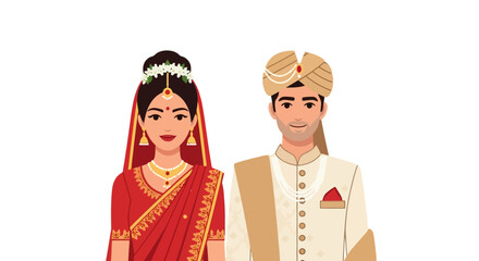Traditional Indian Wedding Couple Illustration Showcasing Cultural Attire and Festive Celebration, Perfect for Cultural Events and Graphic Design Projects