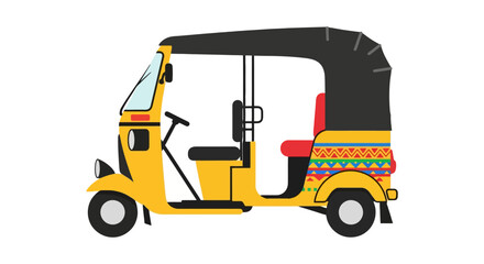 Vibrant Yellow Auto Rickshaw Illustration on White Background, Symbolizing Urban Transportation and Cultural Icon, Ideal for Travel Guides or Design Projects
