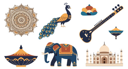 Collection of Vibrant Indian Cultural Icons and Symbols for Design Projects and Educational Resources Depicting Indian Heritage