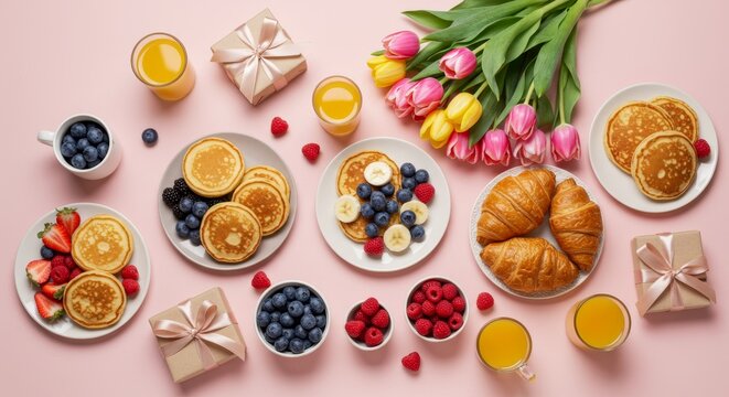 Delightful Mother's Day brunch with tulips, pancakes, croissants and berries