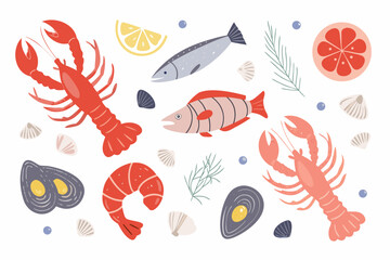 Collection of seafood and ocean elements in a flat design style