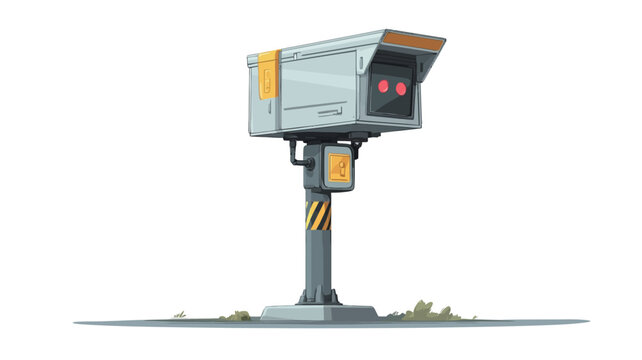 A digital illustration depicting a cartoon-style speed camera mounted on a pole. The camera is predominantly grey and white with red infrared sensor lights visible.  The pole features yellow and