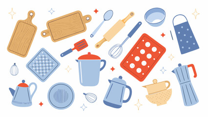 Collection of cute hand drawn kitchen utensils and baking tools