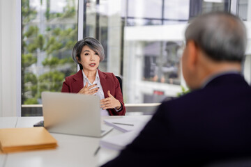 Asian Adult Woman Lawyer Explaining Legal Matters Client Professional Office Meeting Consultation Serious Discussion