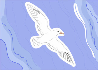 White seagull flying over abstract blue waves