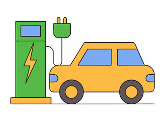 Yellow electric car charging at a green charging station with a lightning bolt symbol
