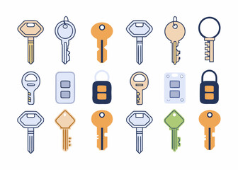 Collection of flat design keys and key fobs on a white background