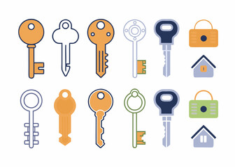 Collection of colorful flat design keys and locks with house icons