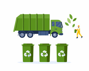 Sanitation worker collecting trash with a green garbage truck and recycling bins