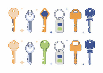 Collection of colorful flat design keys and keychains with sparkling accents