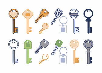 Collection of colorful flat design keys and keychains on white background