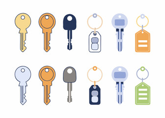 Collection of colorful flat design keys and keychains on white background