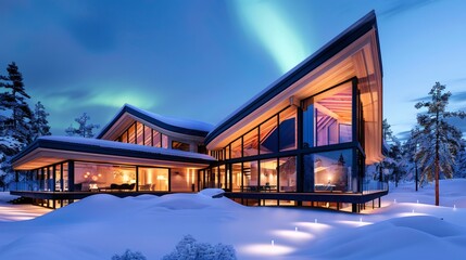 Obraz premium Modern wooden house with glowing windows under northern lights illuminating snowy landscape