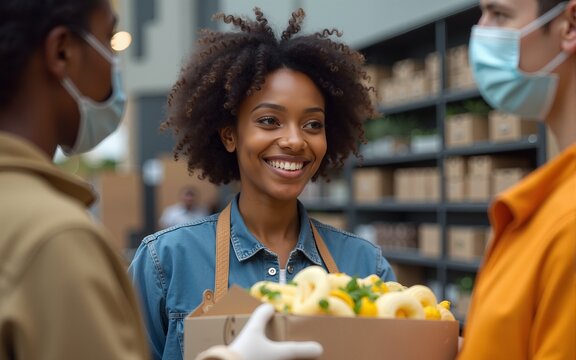 Portrait of a Black Latina Female Volunteer Preparing Free Food Delivery for Low Income People. Charity Workers and Members of the Community Work Together in Local Humanitarian Aid Donation Center.