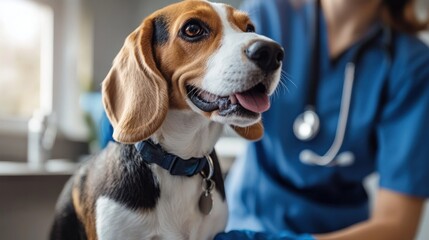 Beagle getting a check-up at the vet, calm environment