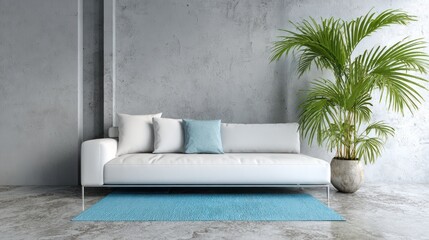 Modern White Sofa with Blue Cushion and Large Green Plant in Minimalist Living Room