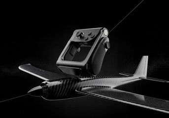 Dramatic black and white studio shot of a vintage airplane model with a modern drone controller mounted on top, suggesting a blend of old and new technology or aerial exploration