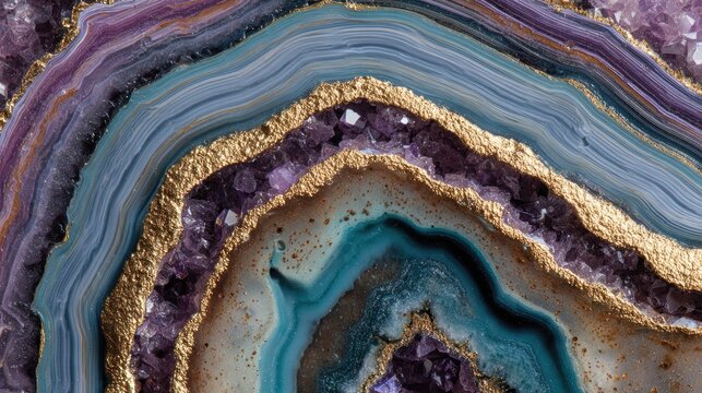 Detailed close-up of a geode slice, showcasing layers of amethyst, gold, and vibrant stone hues