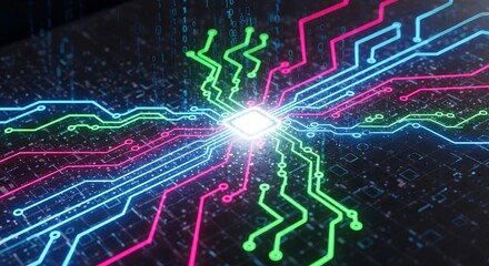 Digital circuit board with glowing processor and vibrant colorful electrical pathways illustrating data transfer