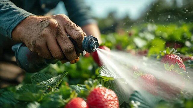 Watering the Strawberry Patch: The image shows a close-up shot of a farmer's hand watering a vibrant patch of fresh, ripe strawberries. Evoking the care, nurture and the fruit.