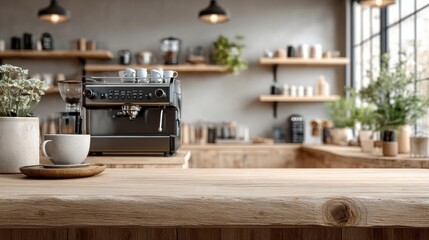 Cozy coffee shop interior with professional espresso machine on wooden counter. Minimalist cafe design featuring natural light and modern industrial style. concepts