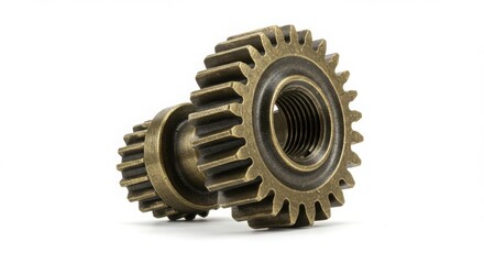 Close up of two interlocking metal gears on a white background