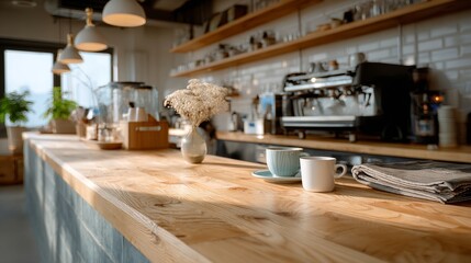 Cozy coffee shop interior with professional espresso machine on wooden counter. Minimalist cafe design featuring natural light and modern industrial style. concepts