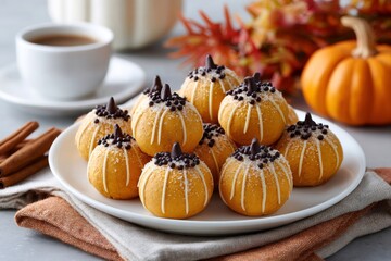 Pumpkin shaped cookies decorating a table for halloween party