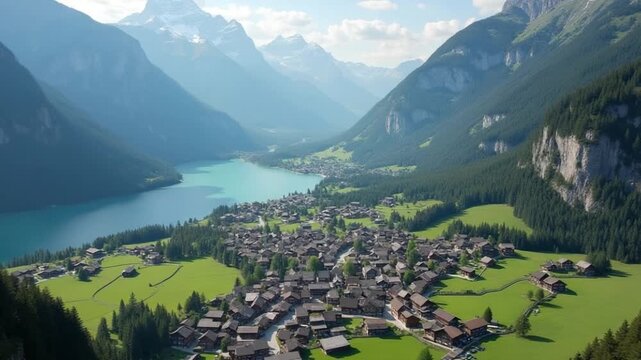 Aerial view of Swiss mountain village