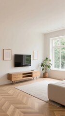 Minimalist living room with wooden flooring, flat-screen TV, and large window letting in natural light