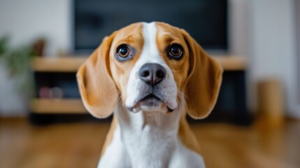 Beagle with its head tilted, curious look, sitting in front of a television