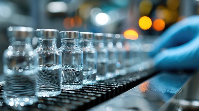 Clear glass vials on a conveyor belt in a pharmaceutical factory