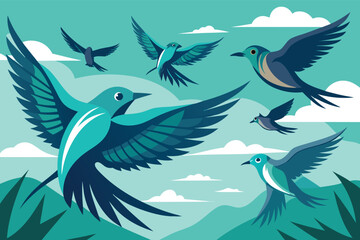 Brightly colored birds soar through a clear sky over green mountains surrounded by fluffy clouds