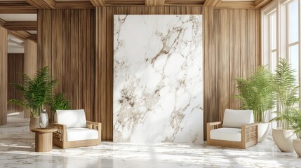 Modern Wooden Wall Lobby with Marble Accent and Green Plants in Bright Natural Light