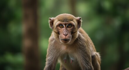 Obraz premium Intense gaze of a Rhesus macaque monkey in natural habitat.