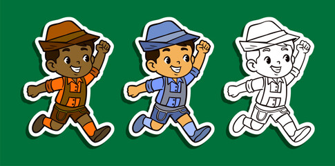 Cute boy traveler with backpack running sticker illustration