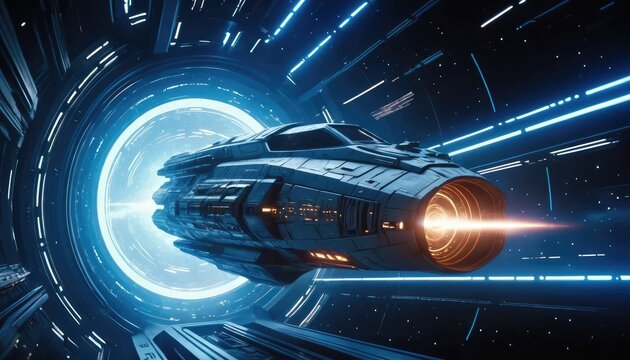 A futuristic spaceship travels through a glowing blue portal or wormhole in space, with engine flares visible. - Powered by Adobe