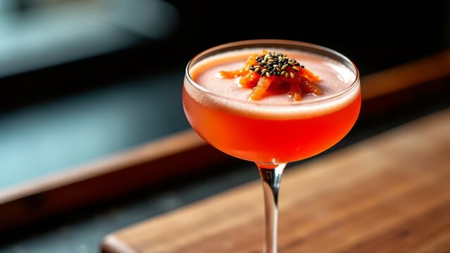 Kimchi gimlet cocktail garnished in coupe glass