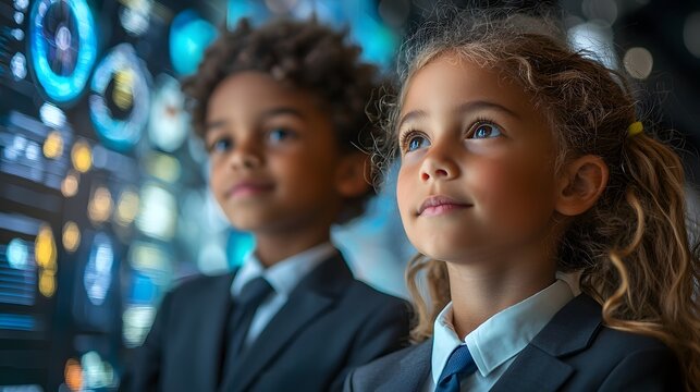 Two young children in business attire observe a futuristic digital display glowing with data