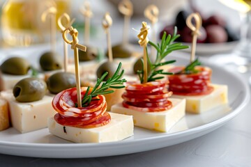 Catering service preparing delicious canapes with cheese, salami and olives for party