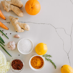  food ingredient for cooking carrot orange lemon ginger spices onion garlic salt  - cooking