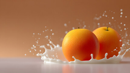 Citrus Splash of Refreshment: Two vibrant oranges plunge into a cascade of creamy liquid, captured in photorealistic detail, creating a visual feast of freshness and invigoration.