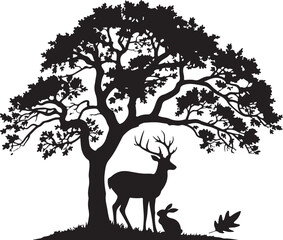 Deer and Rabbit Under Tree Silhouette