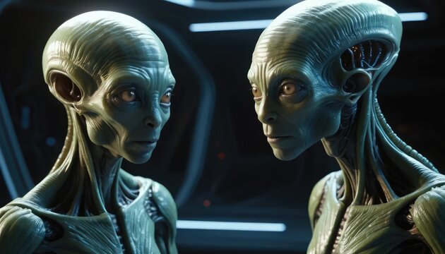 Two extraterrestrial beings with elongated heads and pale skin gaze intently at each other.