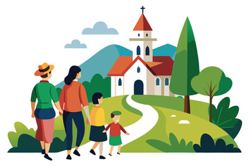Family walks towards a church in a scenic landscape with mountains and greenery during a sunny day